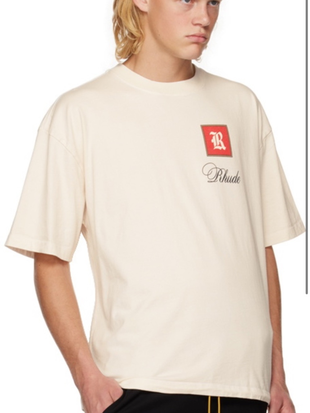 Rhude Cream Short Sleeve Logo Tee with Red Patch